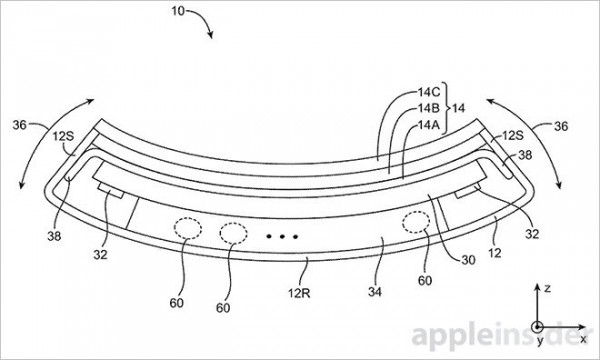 Kuvan Applen patenttihakemuksesta taipuisalle mobiililaitteelle.