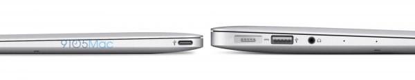 Uusi 12 tuuman MacBook Air olisi huomattavasti 11 tuuman nykymallia ohuempi. Kuvassa näkyy myös laitteen USB Type-C -liitin.