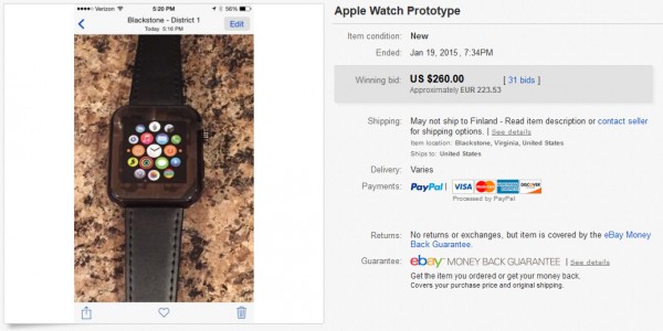 eBayssa 19. tammikuuta myyty "Apple Watch -prototyyppi"