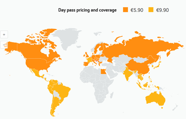 Goodspeed mobiililaajakaistan päivämaksut eri maissa.