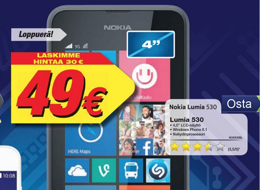 Gigantti myy Lumia 530:n "loppuerän" vain 49 euron hintaan. 26. tammikuuta alkaneen tarjouksen pitäisi olla voimassa ainakin 1. helmikuuta asti.