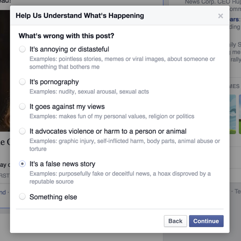Facebook-käyttäjät voivat halutessaan ilmoittaa valheellisesta sisällöstä