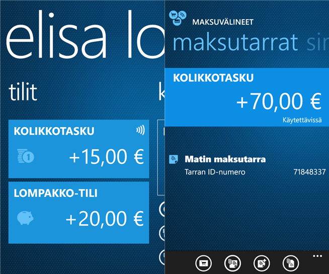 Kuvakaappauksia Elisa Lompakko -sovelluksen Windows Phone -versiosta
