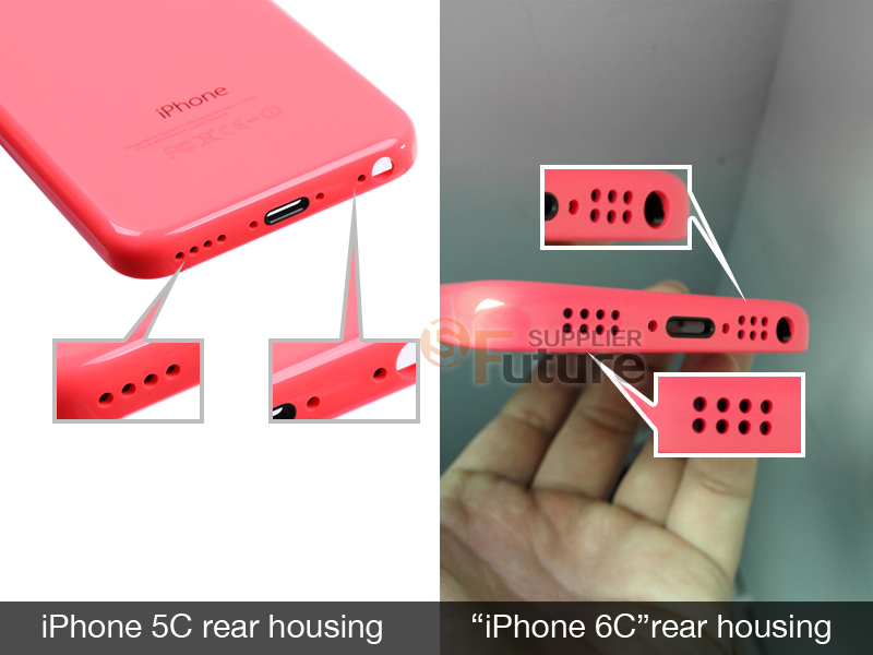 Vuotokuvassa iPhone 5C:n takakuori sekä väitetty 6C:n kuori.