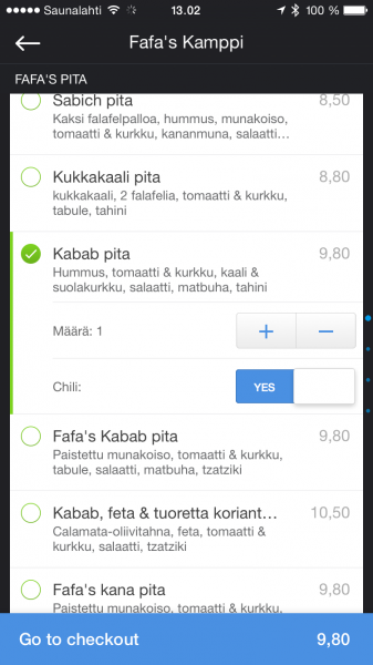 Listan vaihtoehdot voivat tarjota erilaisia lisäsäätöjä - itse tilasin Kabab pitan chilin kera