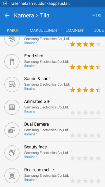 Galaxy S6:n kameran ladattavia tiloja.