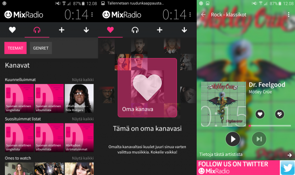 Kuvakaappauksia MixRadion Android-versiosta