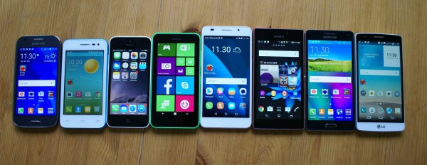 Vasemmalta oikealle: Samsung Galaxy Ace 4, Alcatel OneTouch Pop S3, Apple iPhone 5c, Nokia Lumia 635, Honor 6, Sony Xperia M2 Aqua, Samsung Galaxy A5 ja LG G3s