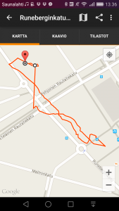 Tällaisen reitin SmartWatch 3:n GPS tallensi lyhyestä kävelystä. Sinne päin, mutta tarkkuutta kaivattaisiin.