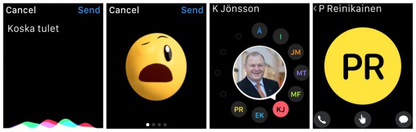 Puheentunnistus toimii hyvin + emojit ovat muokattavia + sivupainikkesta aukeava kaverinäkymä + jos kaverilla on Apple Watch, tulee näkyviin alariviin keskelle Digital Touch -vaihtoehto puhelun ja normaalin viestin ohella