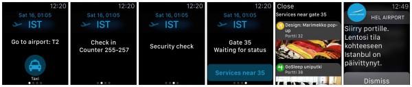 Helsinki Airport Watchille tarjoaa tiedot omaksi lennoksi merkitystä lähdöstä sekä lähtöportin palveluista. Viimeisenä oikealla muistutus.