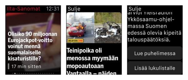 Ilta-Sanomien Watch-sovelluksessa uutisotsikot, kuvat ja lyhyet alustukset.