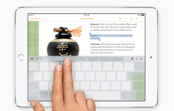 Tekstin valitseminen iOS 9:n näppäimistössä iPadillä käy aiempaa helpommin, kun kursoria voi ohjata tekstin seassa kahden sormen kosketuksella.