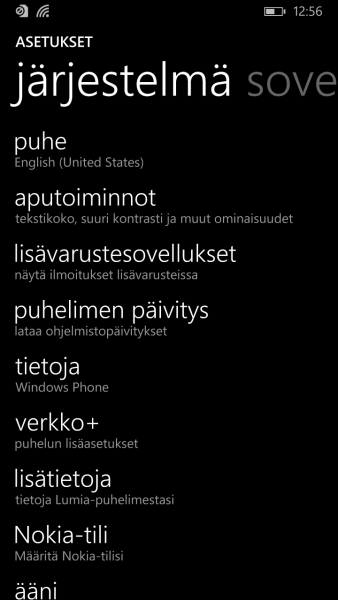 Windows Phonessa tekstin kokoa voi muuttaa asetusten "aputoiminnot"-kohdasta.