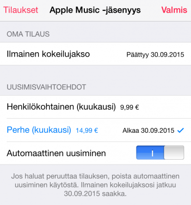 Apple Music -tilauksen voi jo nyt asettaa päättymään maksuttoman tutustumisjakson jälkeen.