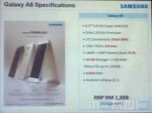 Malesialainen jälleenmyyjä vuosi vielä julkaisemattoman Galaxy A8:n tiedot sivuillaan.