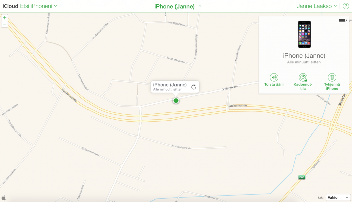iCloud.com näyttää kadonneen iOS-laitteen sijainnin kartalla.