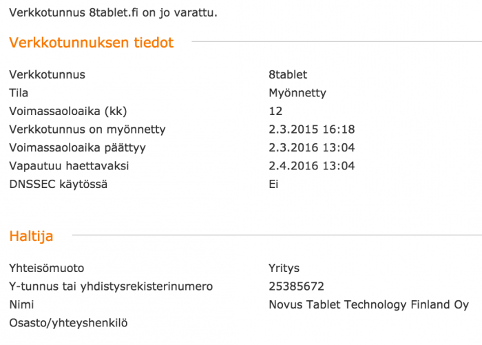8tablet.fi-verkko-osoite kuuluu Novus Tablet Technology Finland Oy:lle