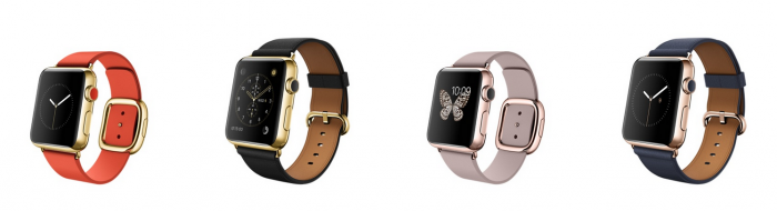 Apple Watch Editionit modernilla rannekkeella (pienemmät kellot) ja klassisella rannekkeella
