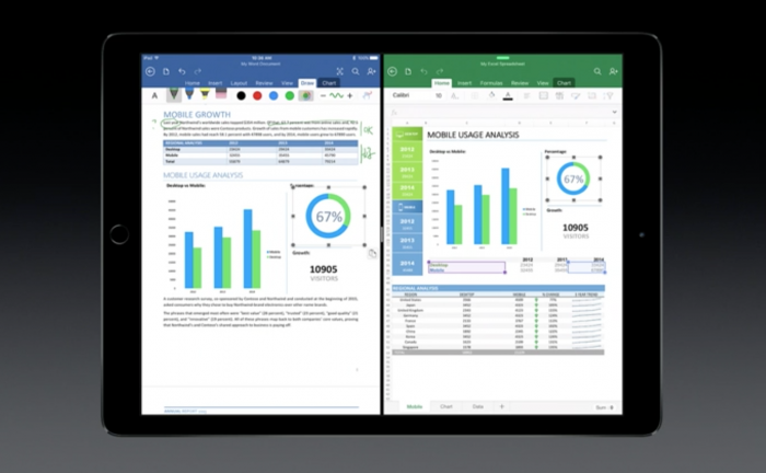 iPad Pron moniajomahdollisuuksia esiteltiin Microsoftin Office-sovelluksilla.