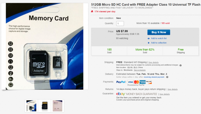 eBayssa myydään valtavia muistikortteja pilkkahintaan. Kuvan 512 gigatavun muistikortin voi osaa kahdeksalla dollarilla. Se ei liene kuitenkaan kannattavaa