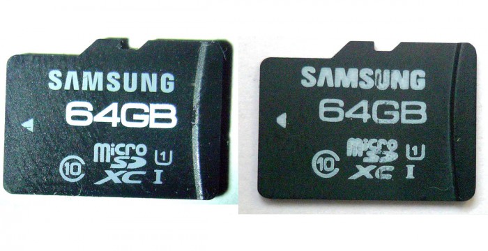 Vasemmalla Samsungin aito 64 gigatavun muistirkottia ja oikealla epäaito kopio Samsungin muistikortista. Erot ovat suhteellisen pieniä, mutta ne pystyy havaitsemaan