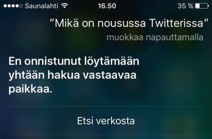 Esimerkki, miten suomi-Siri on vielä varhaisessa beetavaiheessa. Twitteriin liittyvät komennot eivät toimi lainkaan
