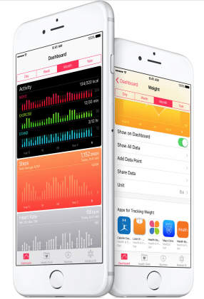 Terveys-sovellus saa iOS 9.3:ssa myös Apple Watchin aktiivisuustiedot (kuvassa mustalla pohjalla) sekä alhaalla näkyviä suosituksia asennettavista sovelluksista