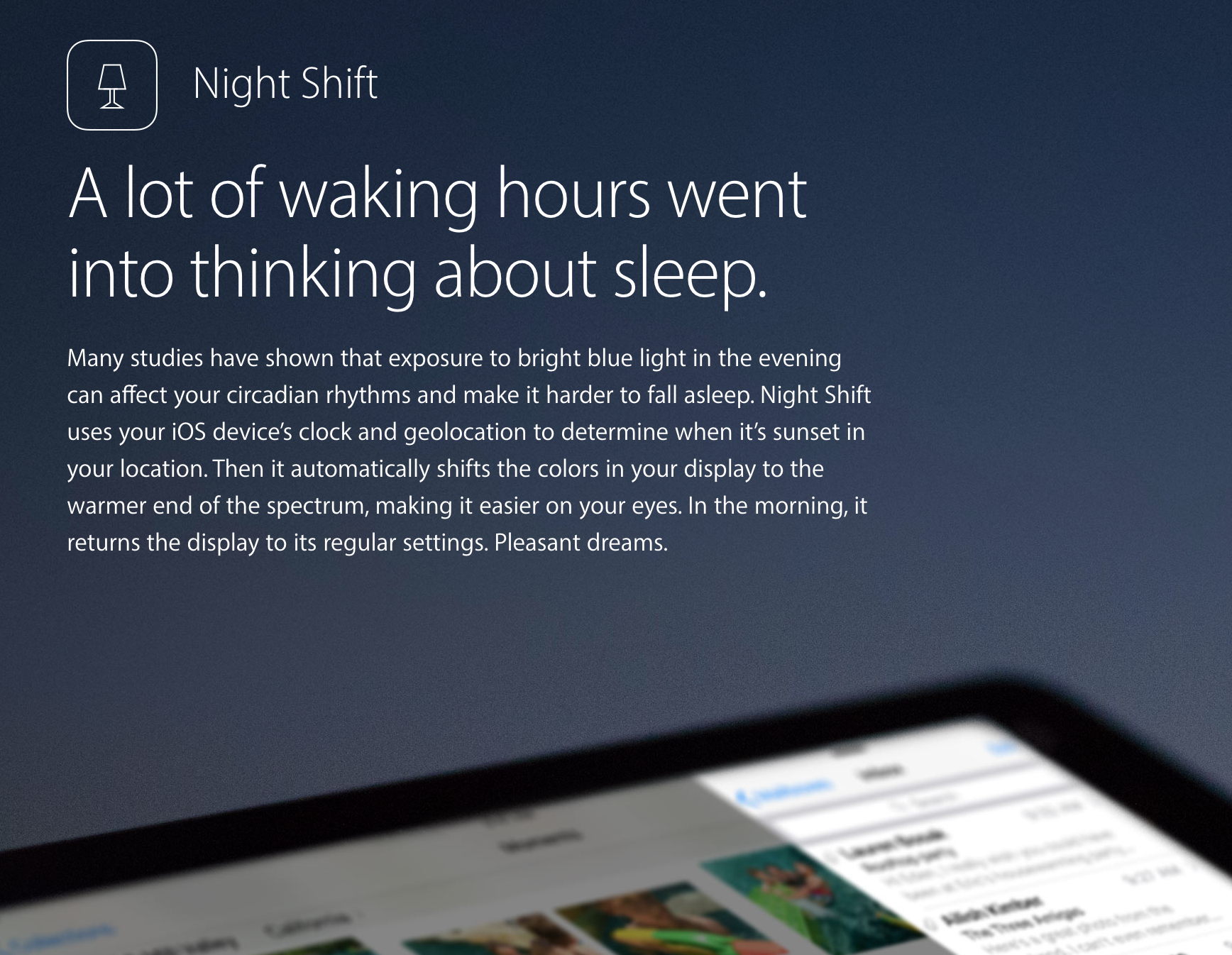 Night Shift lempeyttää iOS 9.3:ssa näytön värejä kellonajan mukaan