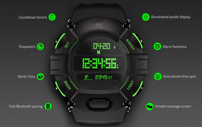 Razer Nabu Watchin eri kellotoimintoja. Alimpana kellotaulusta löytyy yksirivinen näyttö, jolla näkyvät puhelimesta tulevat ilmoitukset.