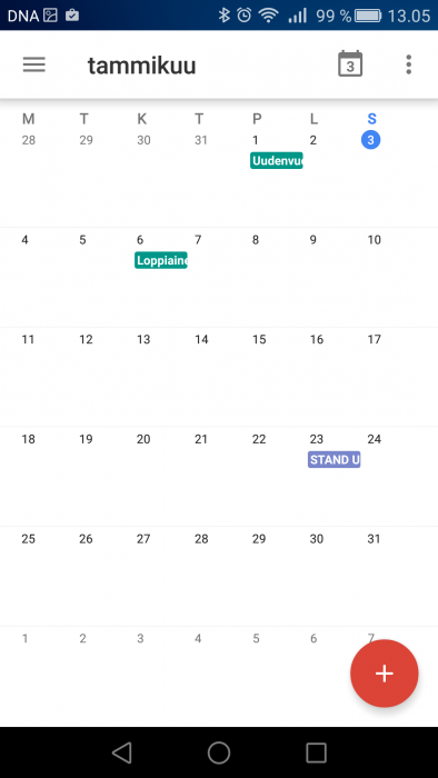 Oletusasetuksena Google-kalenterin kuukausinäkymä on viikkonumeroton