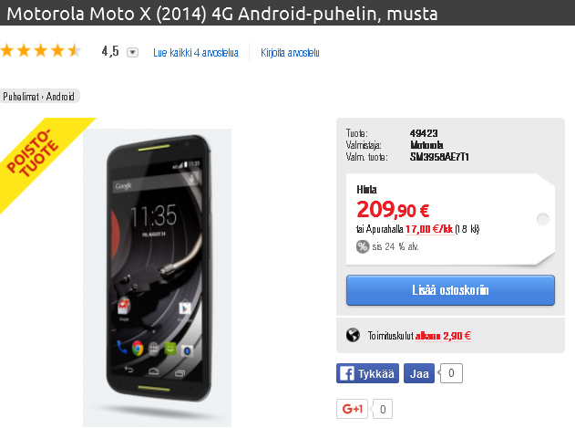 Moto X (2014) Verkkokauppa.comin poistomyynnissä.