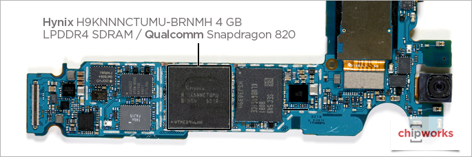 Galaxy S7 edgen emolevyllä sijaitseva Snapdragon 820 -järjestelmäpiiri ja sen päällä Hynixin RAM-muisti.