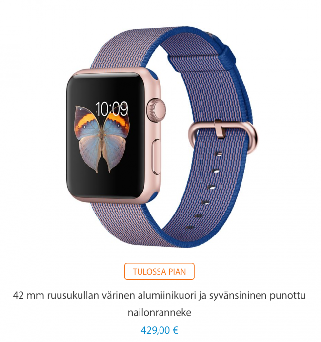 Nailonranneke on uusi lisäys Apple Watchille. 42 millimetrin koossa Apple Watch -hinnat alkavat nyt 429 eurosta.