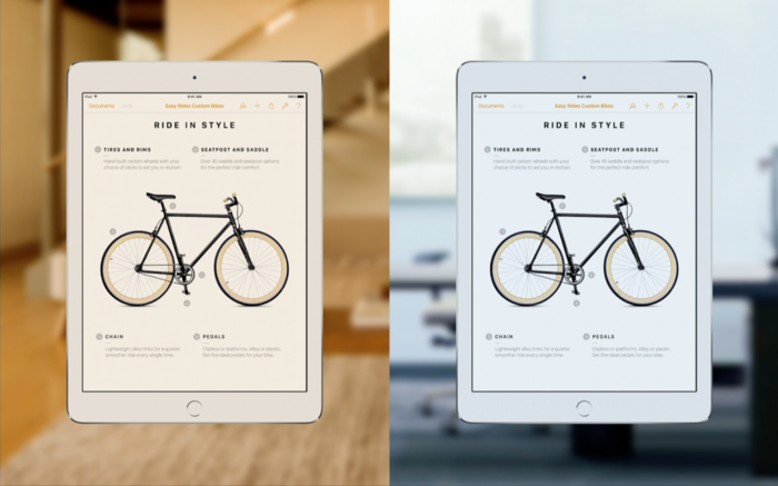 9,7 tuuman iPad Pron näyttö mukautuu värilämpötilaltaan ympäristön valoisuuteen.