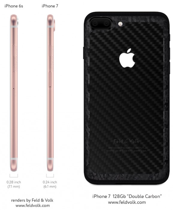 Feld & Volkin mallikuvassa vertaillaan iPhone 6s:ää huhuttuun ohuempaan iPhone 7:ään. Lisäksi mukana on Feld & Volkin visioima hiiliuituversio iPhone 7:stä.