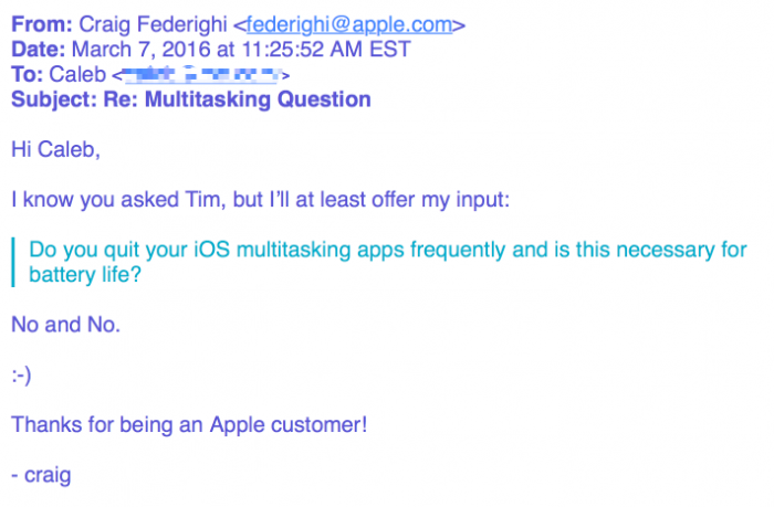 Applen iOS-pomon Craig Federighin vastaus asiakkaan moniajokysymykseen.
