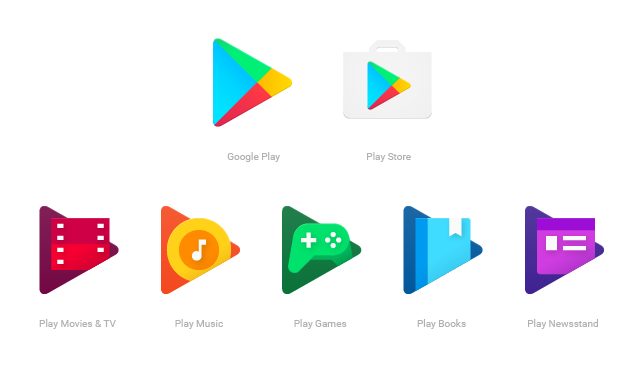 Vanha Google Play -kaupan sovellusikoni (oikea yläkulma) ja kaikki uudet Play-ikonit.