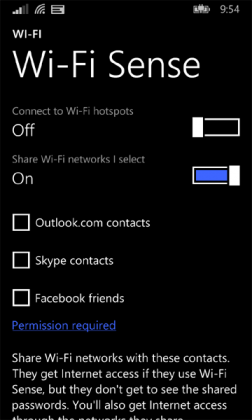 Wi-Fi Sense on mahdollistanut Wi-Fi-salasanojen jaon yhteystiedoille.