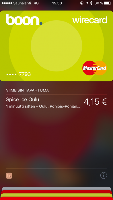 Näin tehdyn Apple Pay -maksun tiedot näkyvät Walletissa jälkikäteen.