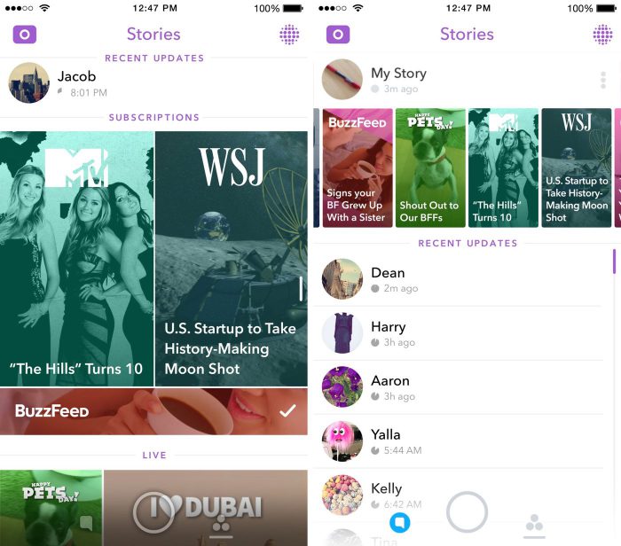Snapchatin uudistuneessa tarinaosiossa on nyt laajasti esillä myös Discover-osion medianostot sekä tilatut Discover-kanavat.