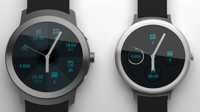 Huhutut uudet Android Wear -kellot Android Policen aiemmassa hahmotelmassa. Vasemmalla Angelfish, oikealla Swordfish.