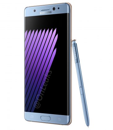 Samsung Galaxy Note7 sinisenä värivaihtoehtona yhdessä S Pen -kynänsä kanssa OnLeaksin julkaisemassa vuotaneessa kuvassa.