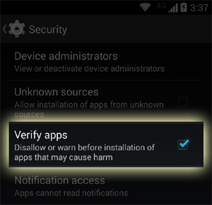Androidin Verify apps -toiminto.
