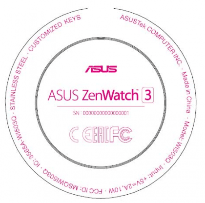 FCC:n tietojen sisältämä kuva Asus ZenWatch 3:n merkinnöistä.