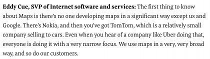 Eddy Cue mainitsee Nokian yhtenä kolmesta merkittävästä karttojen kehittäjästä.