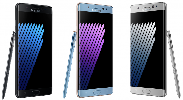 Samsung Galaxy Note7 ja S Pen. Nämä kolme väriä ovat tulossa myyntiin Suomessa, jossa kultaista väriä ei ainakaan aluksi nähdä.