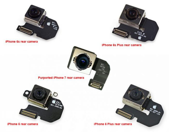 iPhone 7:n kamerakomponentti Nowhereelsen kuvassa aiempien rinnalla.