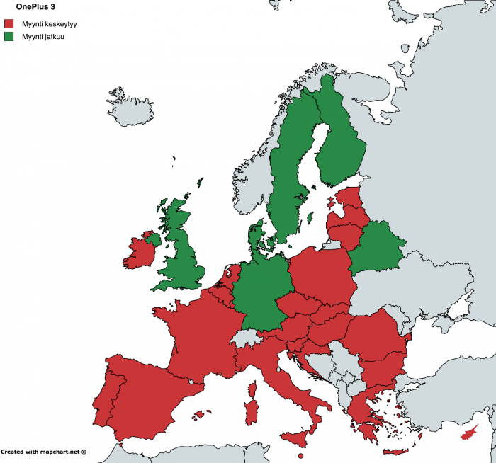 OnePlus 3 -myynti keskeytyy reiluksi kuukaudeksi punaisella merkityissä maissa Euroopassa. Vihreinä ovat maat, jotka OnePlussan verkkokaupasta ovat lisäksi olleet tarjolla.