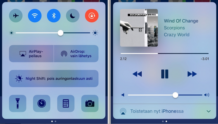 Myös toimintakeskuksen ilme on uusi ja toiminnot on nyt jaettu useammalle välilehdelle. Apple antaa todella paljon tilaa tuoreelle Night Shift -toiminnolleen - todennäköisesti reaktiona siihen, etteivät ihmiset ole kovin tietoisia tästä jo ennen iOS 10:tä mukana olleesta hyödyllisestä ominaisuudesta.
